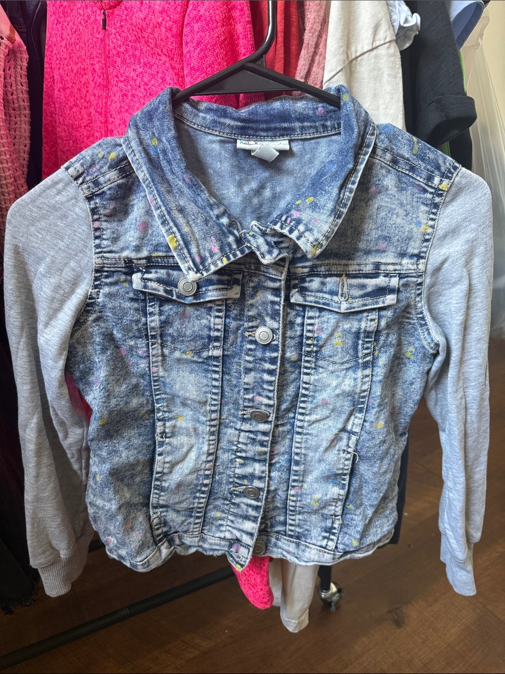 Kids Denim Jean Jacket with Gray Knit Sleeves - Blue